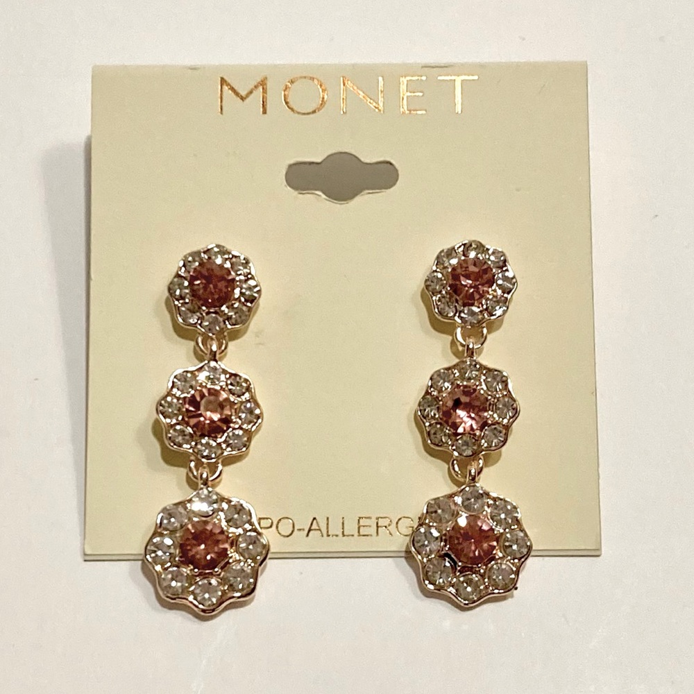 MONET EARRINGS GOLD TONE AND PINK ICE RHINESTONES THREE TIER DANGLE DESIGN
